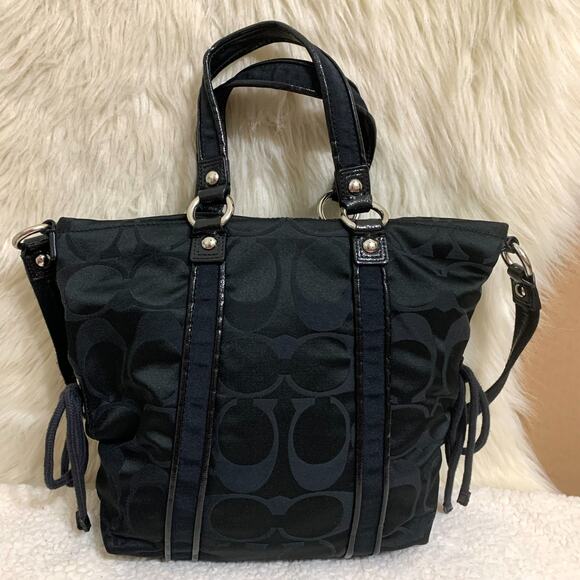 COACH POPPY DAISY Black Signature Sateen Canvas Drawstring SPOTLIGHT Tote F20101 - Picture 7 of 16
